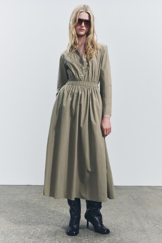 ZARA ПЛАТЬЕ-РУБАШКА МИДИ — ZW COLLECTION, ХАКИ