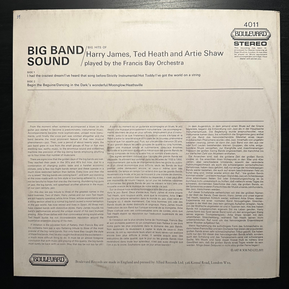 The Francis Bay Orchestra - Big Band Sound Big Hits Of Harry James, Ted Heath And Artie Shaw (Англия 1971г.)