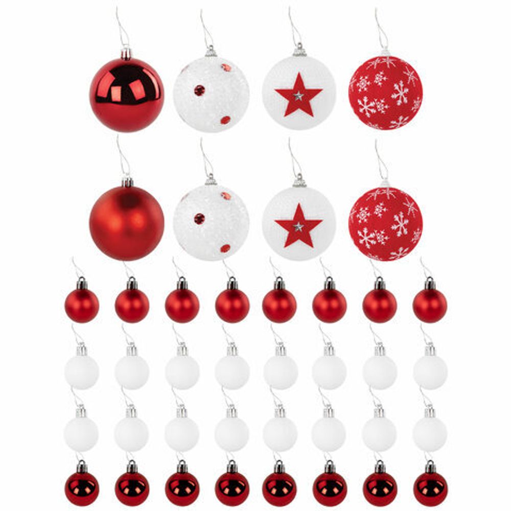 Шары ёлочные НАБОР 40 шт., 8 см/4 см, "Red&White", красные/белые, пластик, ЗОЛОТАЯ СКАЗКА, 592167