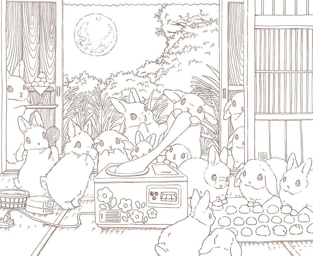 Rabbits and Nostalgic Japanese Scenery. Coloring Book