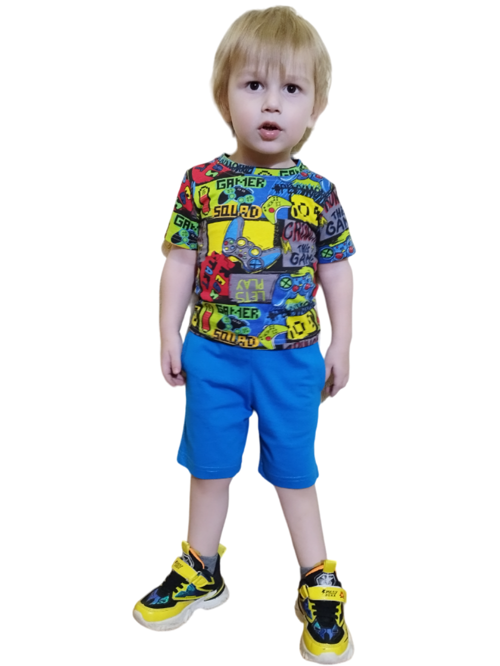 10501 Костюм детский (футболка+шорты) джойстики на цветном/электрик (64-122,128)