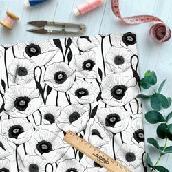 Ткань премиум интерлок крупные черно-белые  маки