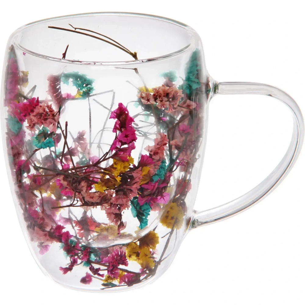 Кружка стеклянная с двойными стенками 350мл «Хай-Тек» с цветами