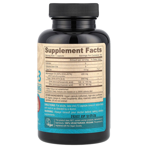 Deva, Веганская омега-3 ДГК-ЭПК, с отсроченным высвобождением, 200 мг, 90 веганских капсул