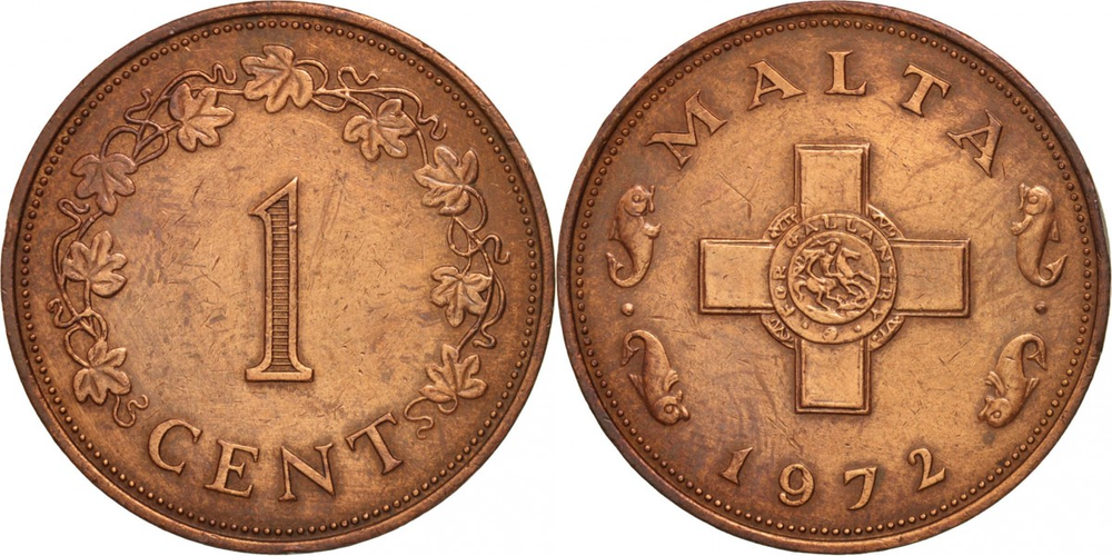 Мальта 1 цент, 1972 - 1982 Мальтийский крест XF