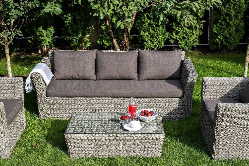 "Капучино" диван из искусственного ротанга (гиацинт) трехместный с подушками, цвет серый