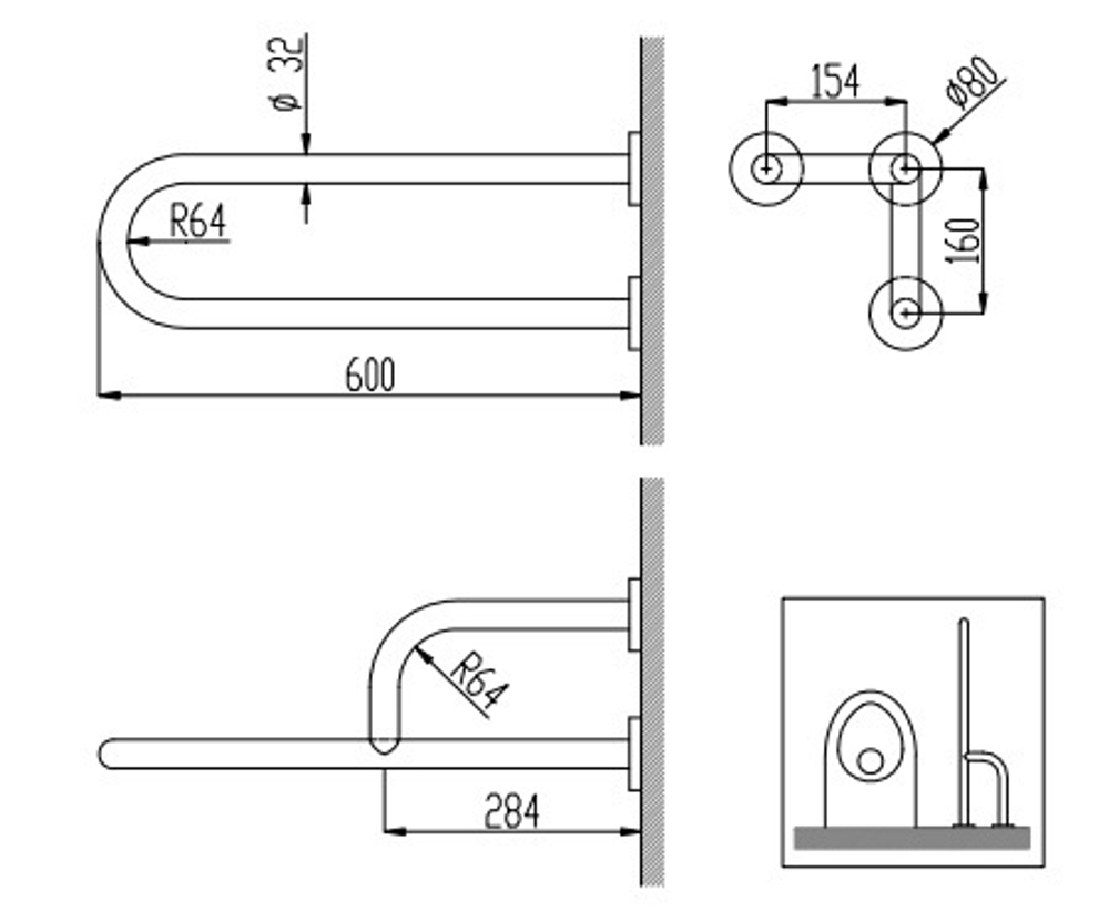 Поручень полукруглый неподвижный с 3 точками опоры Nofer 600 мм с антибактериальным покрытием белый правый, 15047.WB схема