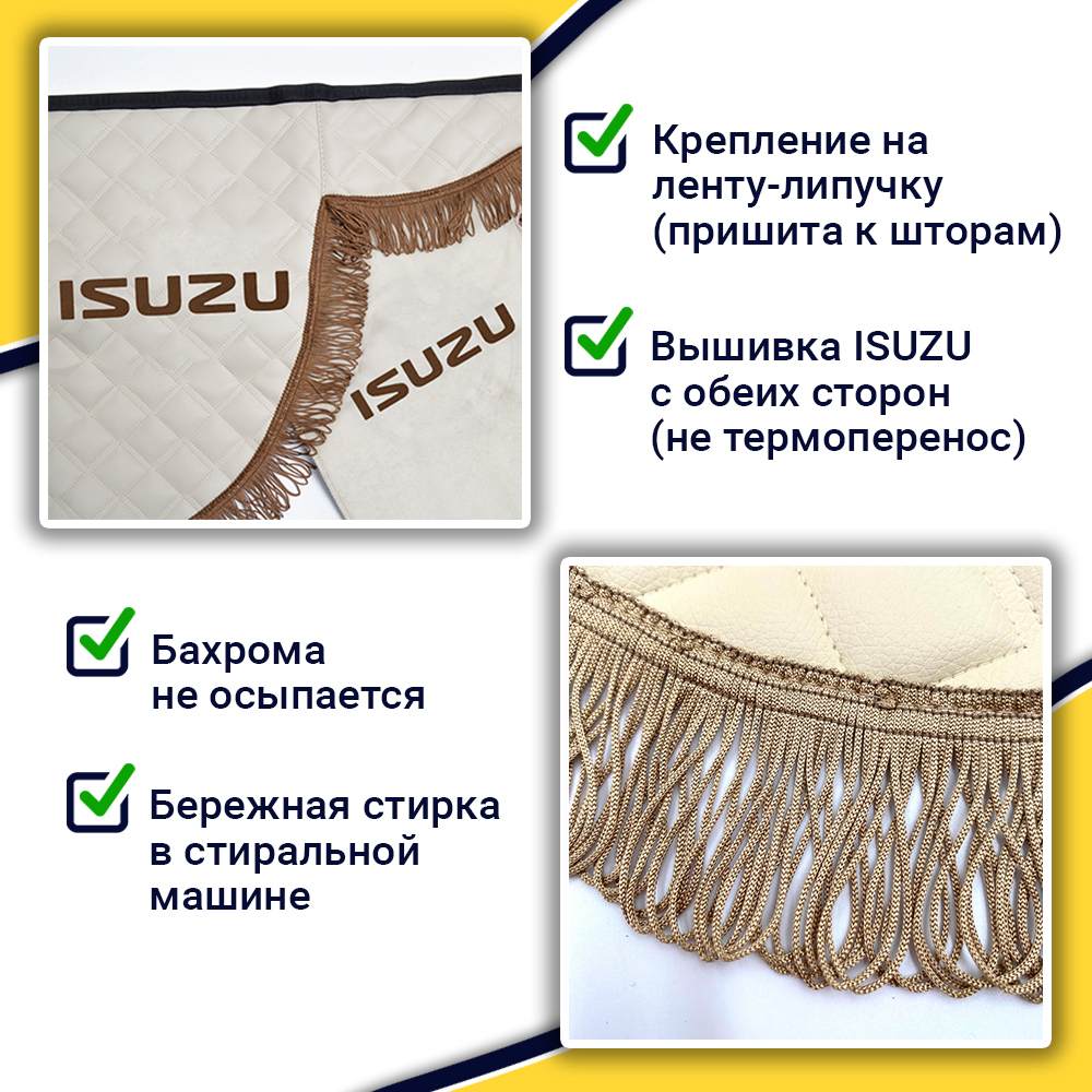 Ламбрекен с косынками стеганые Isuzu (экокожа, бежевый, коричневые кисточки)