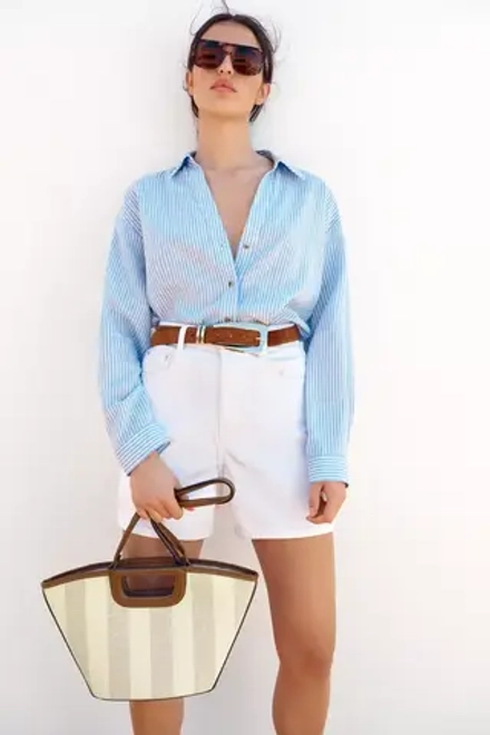 ZARA ХОЛЩОВАЯ СУМКА-ШОПЕР С ДЕКОРАТИВНОЙ СТРОЧКОЙ, ЭКРЮ