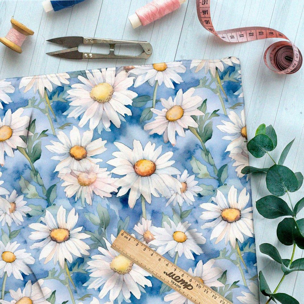 Ткань премиум дюспо акварельное ромашковое поле