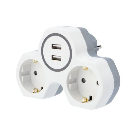Двойник электрический 16А с/з и защитными шторками и 2 USB-разъема, 2,4 А, белый REXANT