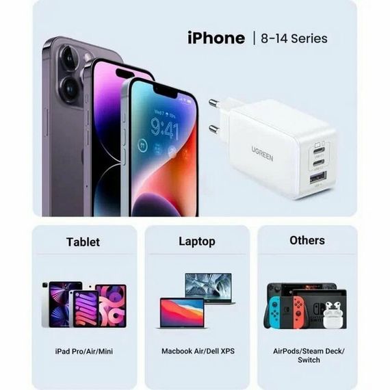 Сетевое зарядное устройство Ugreen CD244 Nexode 65W USB-A + 2 x USB-C GaN (15334) белый