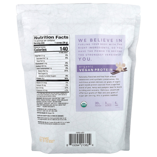 Dr. Mercola, Pure Power, органический веганский протеин, со вкусом ванили, 540 г (1 фунт 3 унции)