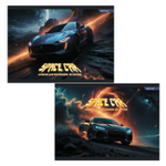 Альбом для рисования А4 40л. Alingar ,на скрепке ,мелованный картон(стандарт), 210г/м2, офсет 100 г/м2, "Space cars", 2 дизайна в пленке т/у