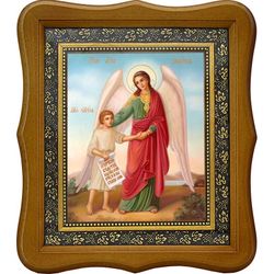 Ангел Хранитель с душой человека. Икона на холсте.