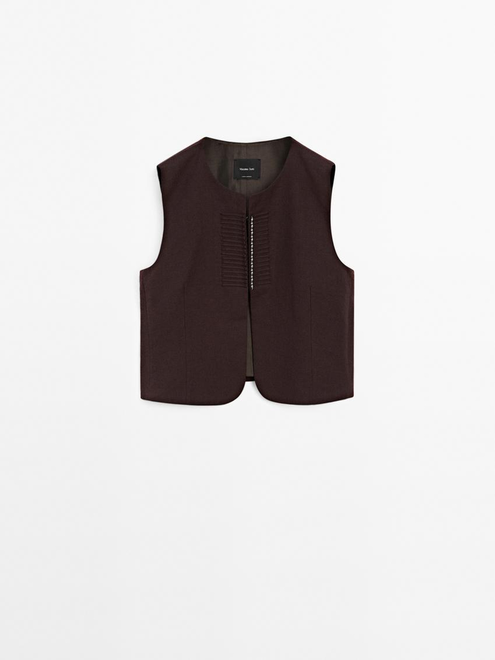 Massimo Dutti Жилет из смесового льна с отделкой бусинами, гранатовый