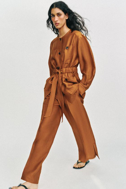 ZARA БРЮКИ СВОБОДНОГО КРОЯ ИЗ СМЕСОВОГО ЛЬНА С РАЗРЕЗАМИ ПО НИЗУ, ЖЕЛТЫЙ КАРРИ