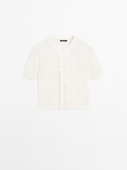 Massimo Dutti Трикотажный кардиган с кружевными деталями, натуральный, кремовый