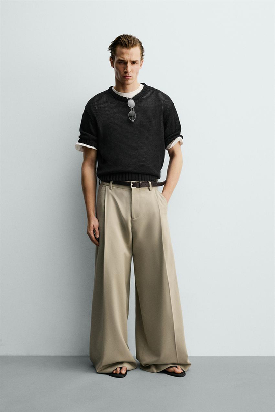 ZARA БРЮКИ WIDE FIT СО СКЛАДКАМИ, БЕЖЕВЫЙ