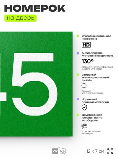 Номер на дверь 945, табличка на дверь для офиса, квартиры, кабинета, аудитории, склада, зеленая 120х70 мм, Айдентика Технолоджи