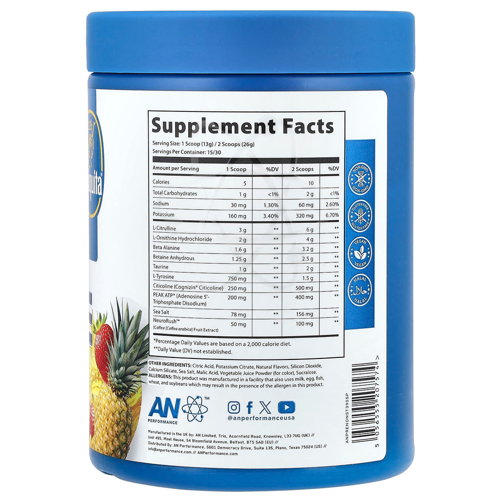 AN Supps, Перед тренировкой, без кофеина, ананас и клубника, 390 г (13,75 унции)