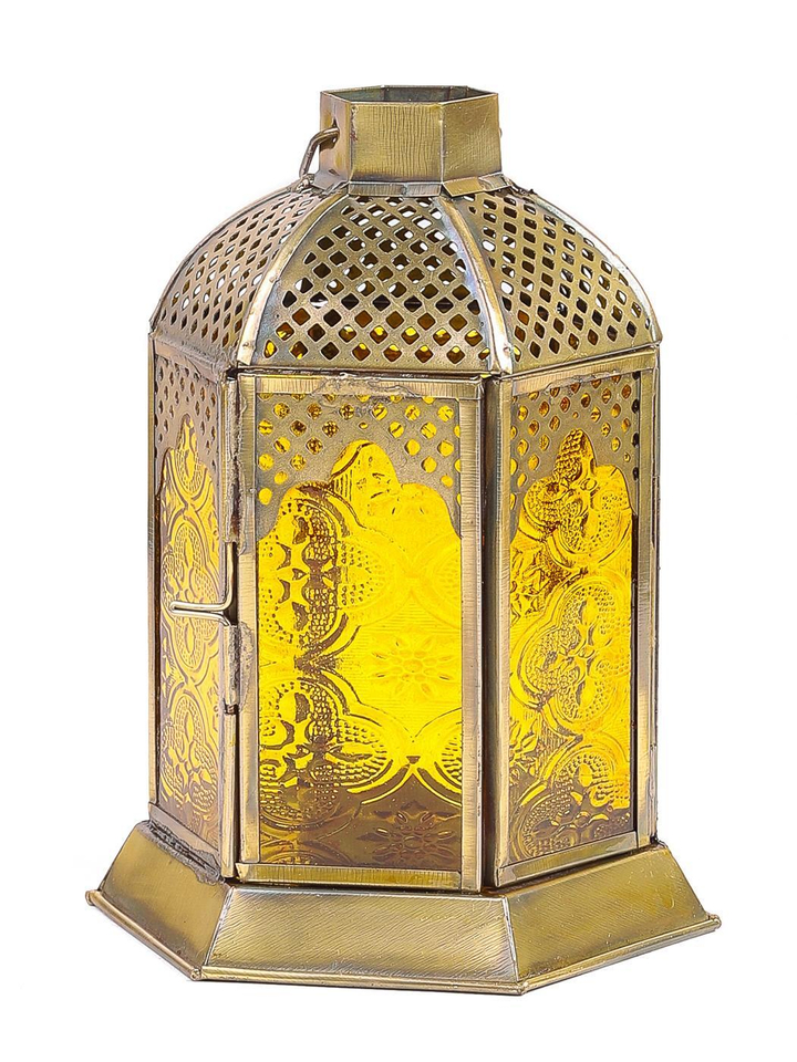 Подсвечник Фонарь металл золотистый, стекло желтое 11x11x18 см