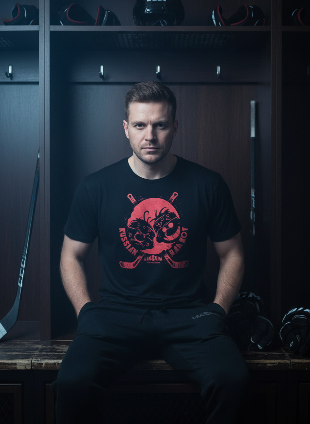 Футболка спортивная хлопковая мужская черная LEGENDA Хоккеисты красные