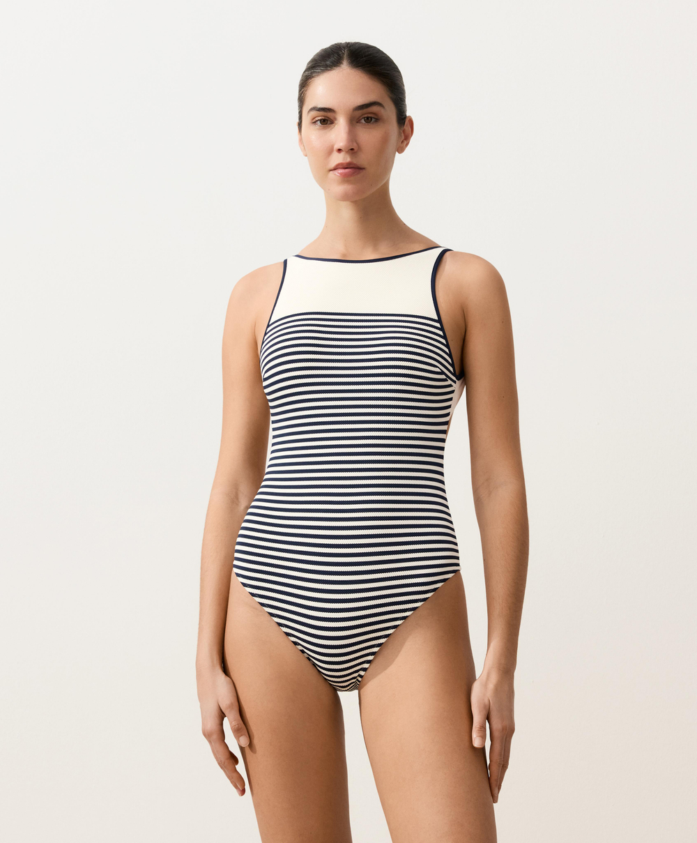 OYSHO Купальник в полоску с завязками на шее, светлый экрю
