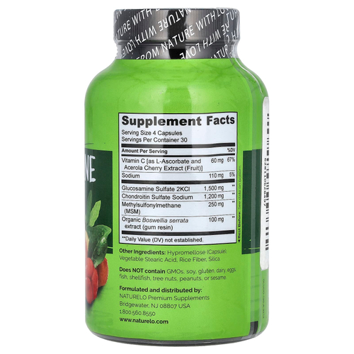 NATURELO, Глюкозамин, хондроитин и МСМ с босвеллией и витамином C, 120 капсул