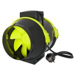Канальный вентилятор extractor tt fan 125 с черным корпусом, ярко-зелеными лопастями и шнуром питания на белом фоне
