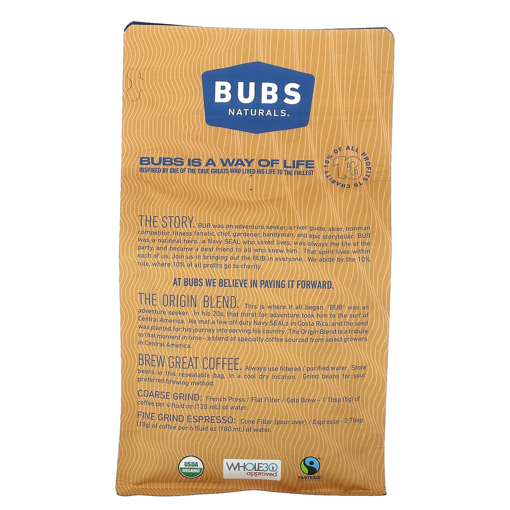 BUBS Naturals, Bubs Brew, смесь The Origin, цельные бобы, средней обжарки, 340 г (12 унций)