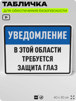 Табличка для обеспечения безопасности "В этой области требуется защита глаз", для производства, предприятия, организаций, 40х30 см, Silver Plane x Айдентика Технолоджи