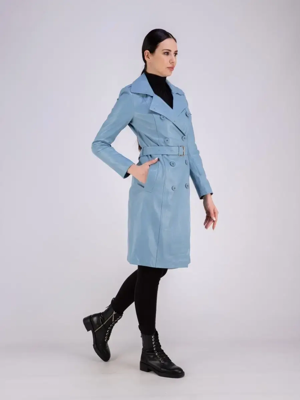 Тренч длинный кожаный с поясом плащ на весну