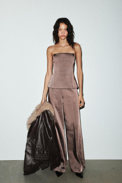 ZARA АТЛАСНЫЕ БРЮКИ С ВЫСОКОЙ ТАЛИЕЙ, ШОКОЛАДНО-КОРИЧНЕВЫЙ