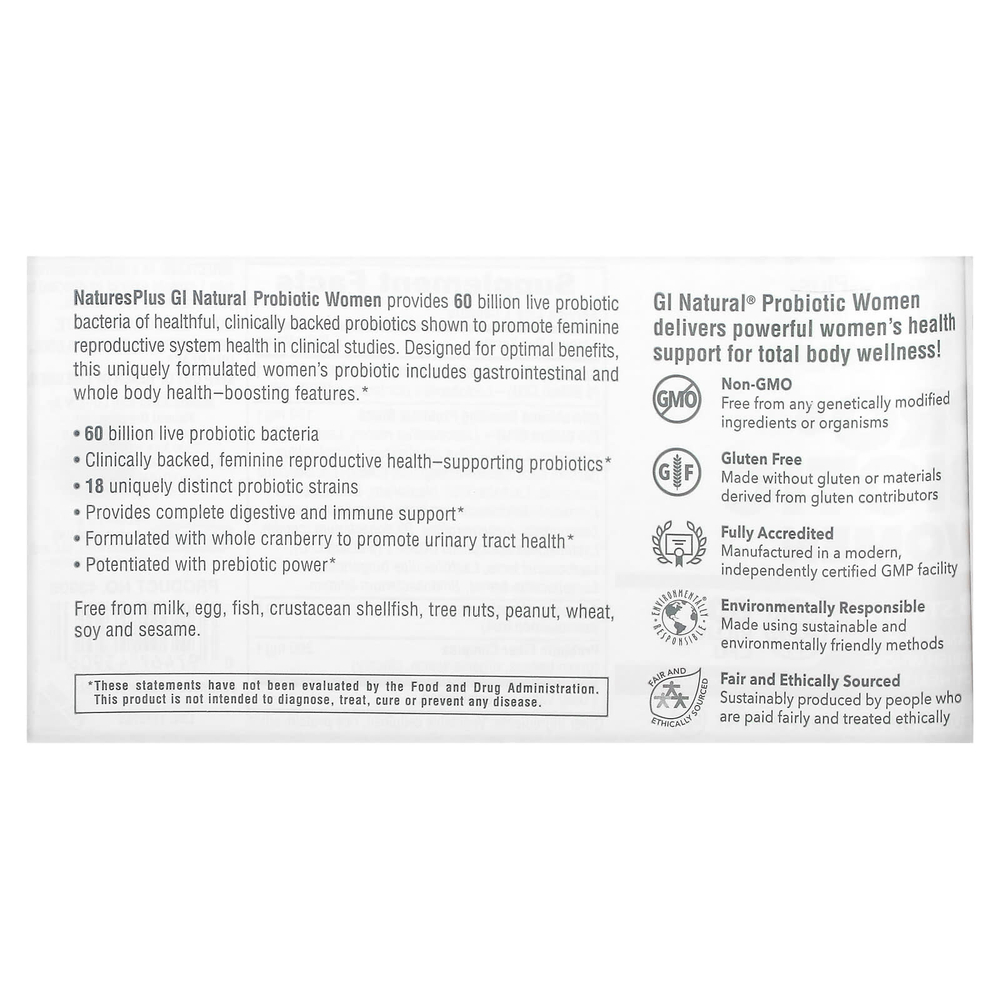 NaturesPlus, пробиотик для женщин GI Natural, 60 млрд. КОЕ, 30 капсул