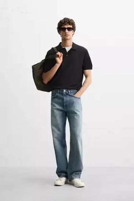 ZARA ПОЛО ИЗ ХЛОПКА И ШЕЛКА, ЧЕРНЫЙ