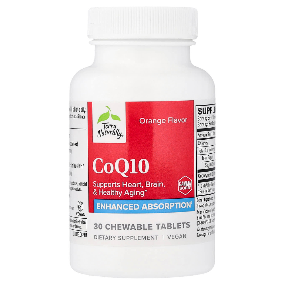 Terry Naturally, коэнзим Q10, с апельсиновым вкусом, 30 жевательных таблеток (100 мг в 1 таблетке)