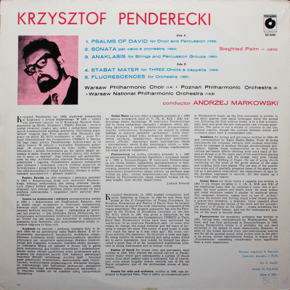 Krzysztof Penderecki / Psalms Of David. Sonata Per Cello. Anaklasis. Stabat Mater. Fluorescences (LP)