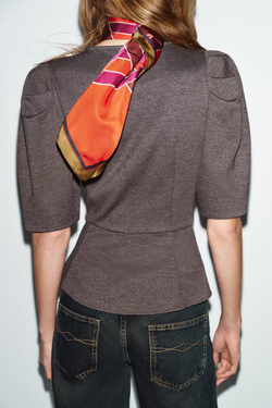 ZARA ТОП С ОБЪЕМНЫМИ РУКАВАМИ, КОРИЧНЕВЫЙ МЕЛАНЖ