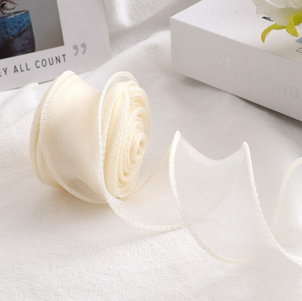 Лента декоративная (4 см*9,14 м) Органза с леской, Кремовый, 1 шт.