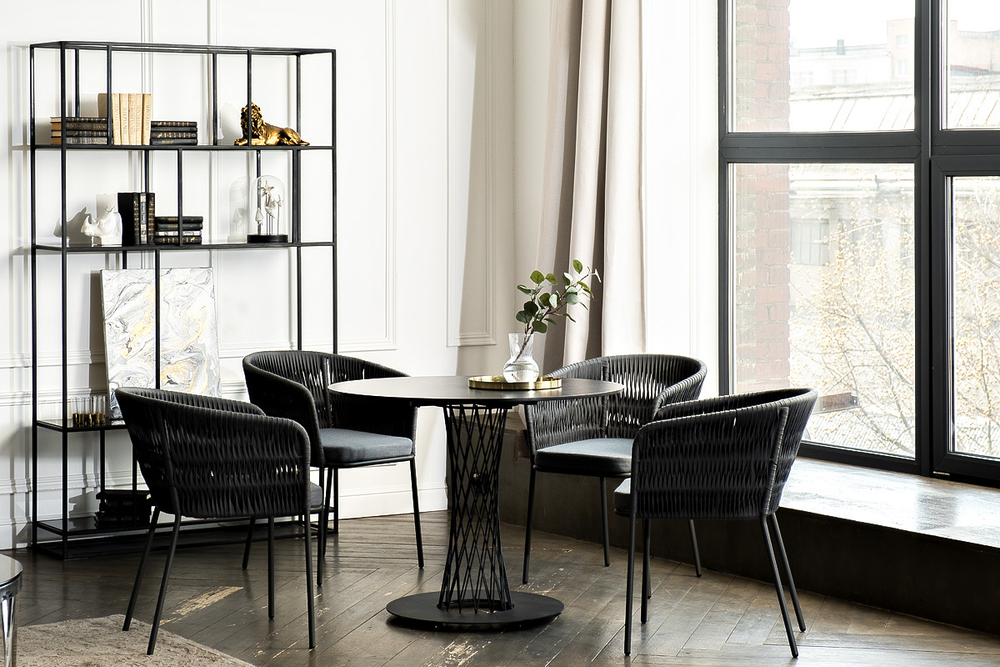 "Диего" обеденная группа на 4 персоны со стульями "Бордо" плетения колос, столешница "серый гранит"