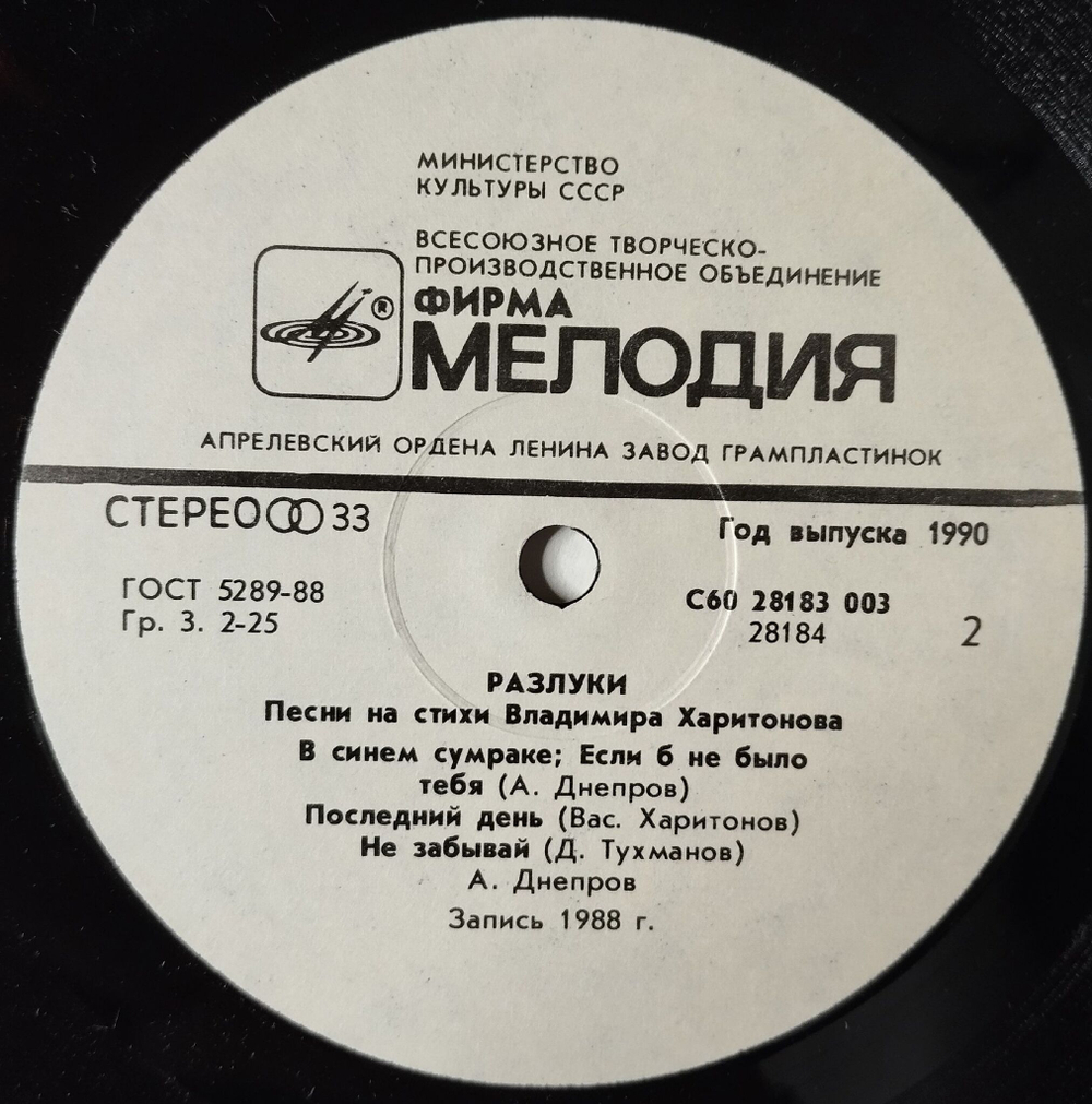 Винтажная виниловая пластинка LP Анатолий Днепров Разлуки (СССР 1989)