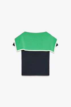 ZARA ТРИКОТАЖНЫЙ ТОП С КОМБИНИРОВАННЫМИ ЛАЦКАНАМИ, МОРСКОЙ СИНИЙ