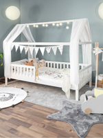 Кровать-домик односпальная с настилом деревянная, белый воск