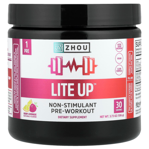 Zhou Nutrition, Lite Up™, предтренировочный комплекс без стимуляторов, со вкусом ягодного лимонада, 106 г (3,73 унции)
