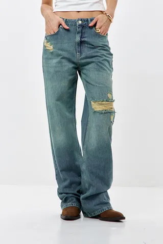 Джинсы wide leg с потертостями сине-зеленого цвета
