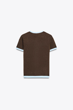 ZARA КОМБИНИРОВАННЫЙ ТРИКОТАЖНЫЙ КАРДИГАН С КОРОТКИМИ РУКАВАМИ, КОРИЧНЕВЫЙ