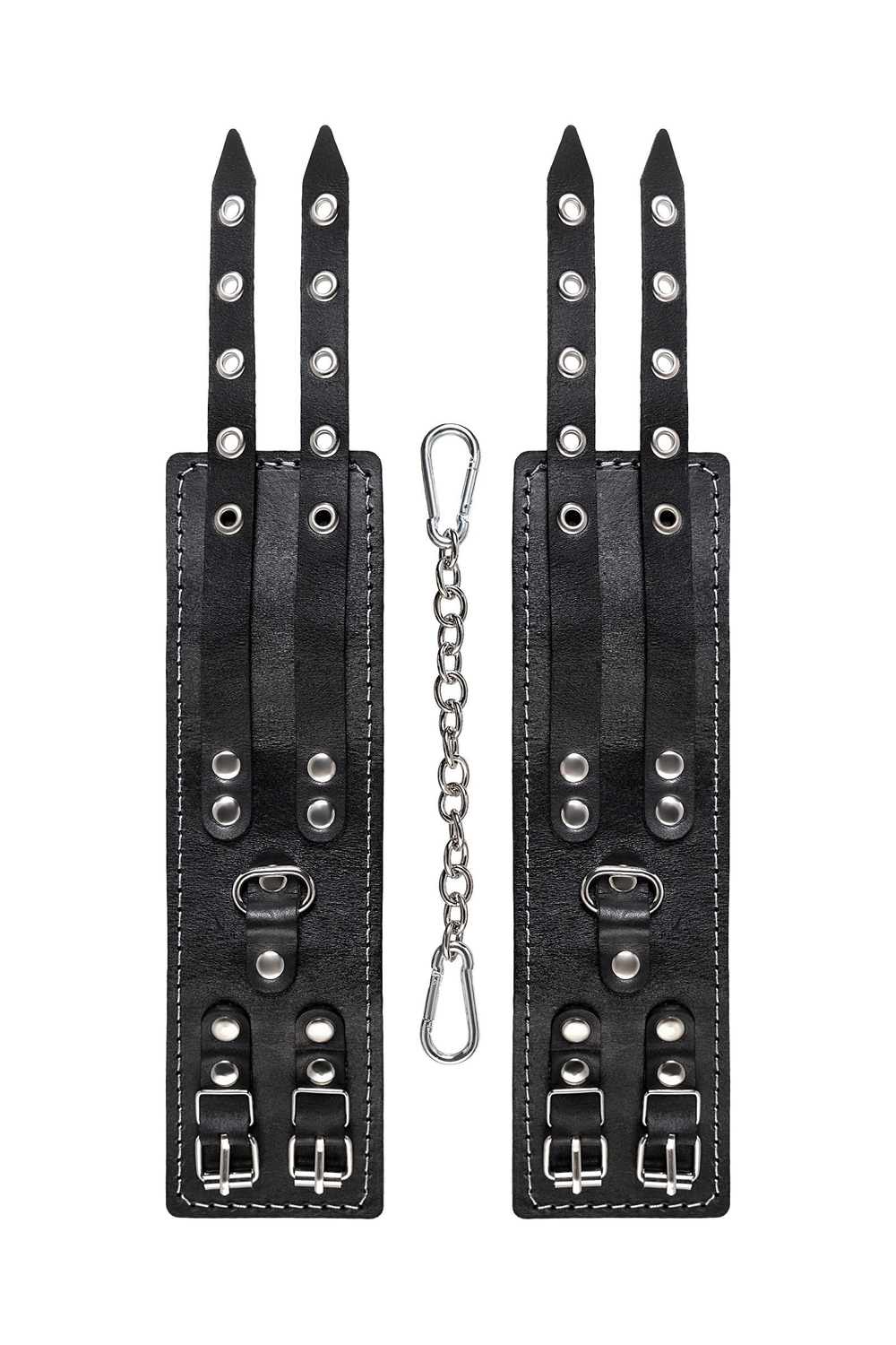 Черные кожаные оковы с двумя ремнями и красной подкладкой