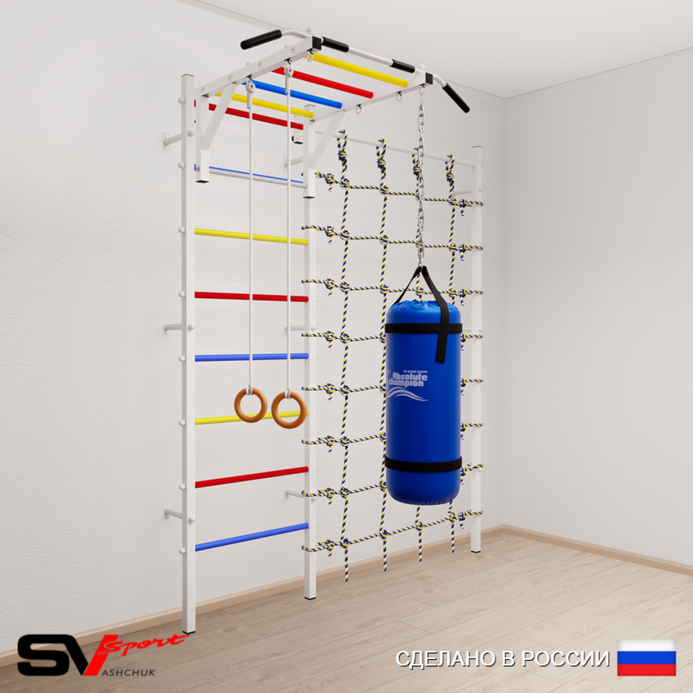 Шведская стенка Sv Sport усиленная 63020 (Турник рукоход/Кольца/Цепь/Мешок 22кг/Канатный лаз)