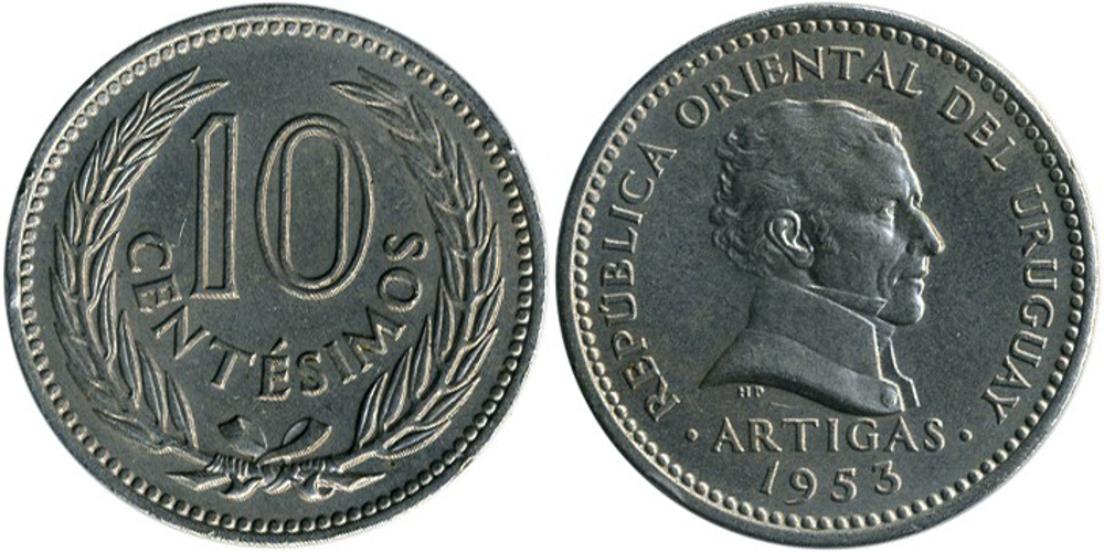 Уругвай 10 сентесимо, 1953 - 1959 Хосе Хервасио Артигас XF